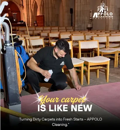 Appolo cleaner treating a carpet beside rows of chairs, with professional cleaning equipment